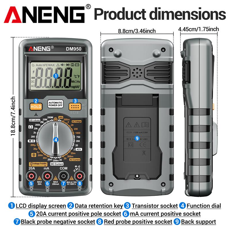 ANENG DM950 Multimeter Voltage Current Digital Tester High Precision hFE Transistor Capacitance Detected For Electrician Tools