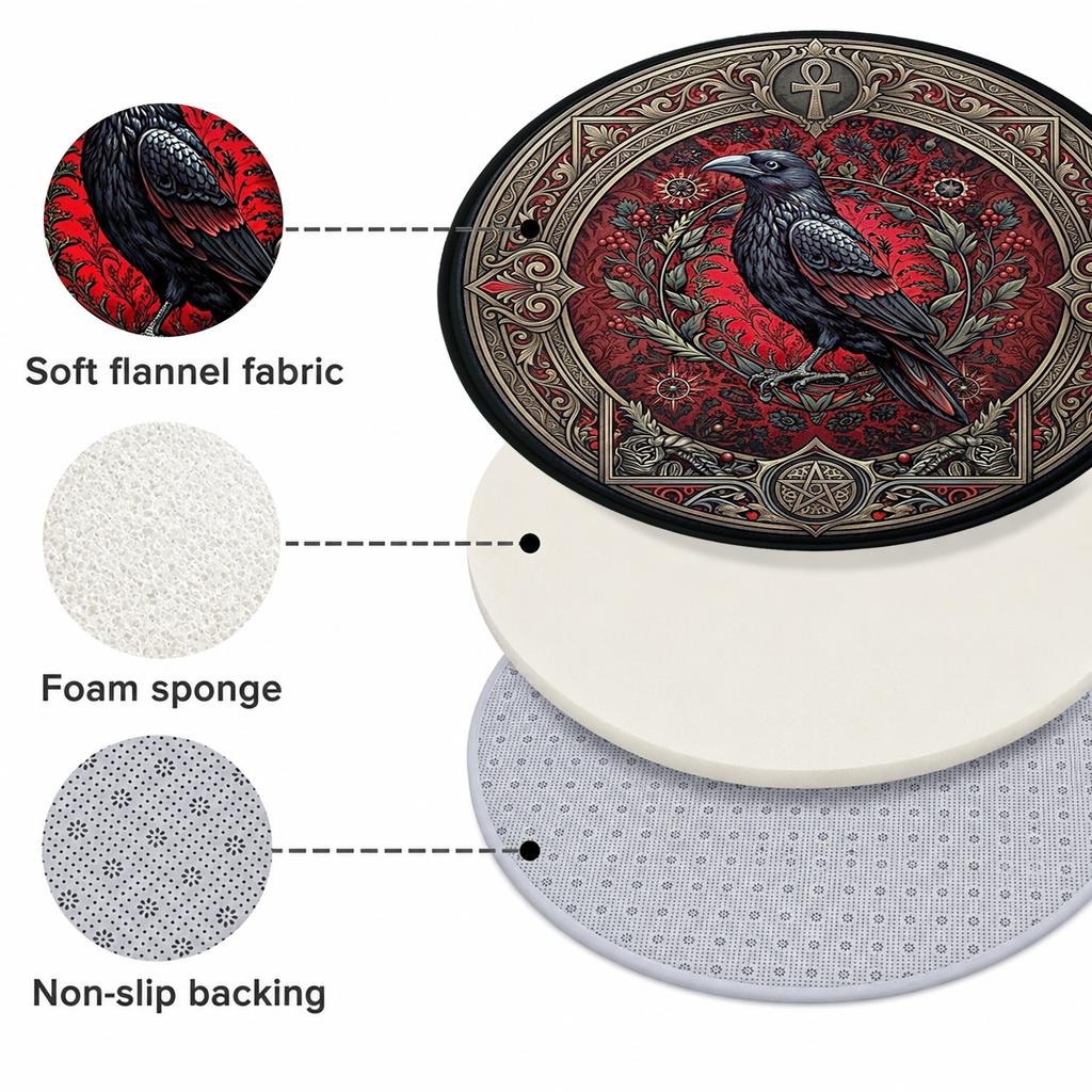 Gothic Raven Round Rug, Dark Red Floral Celtic Knot Pattern Non-Slip Floor Mat, Vintage Occult Circle Carpet for Living Room