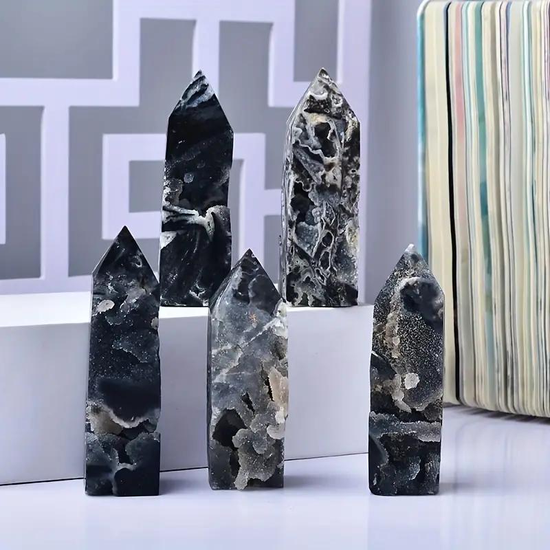 1pc Black Glitter Agate Crystal Columns Decorative Ornaments for Home and Office Natural Mineral Single Pointed for Room Decor