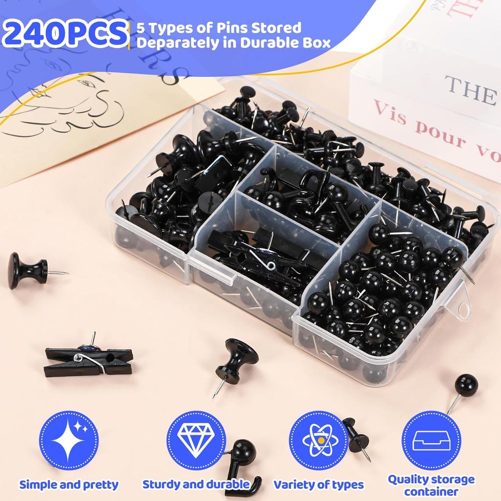 240Pcs Black Push P,5 Style Thumb Tacks, Black Plastic Push P for Bulletin Boards, Cork Board,Wall,Cork Board Accessories, Office Home Supplies