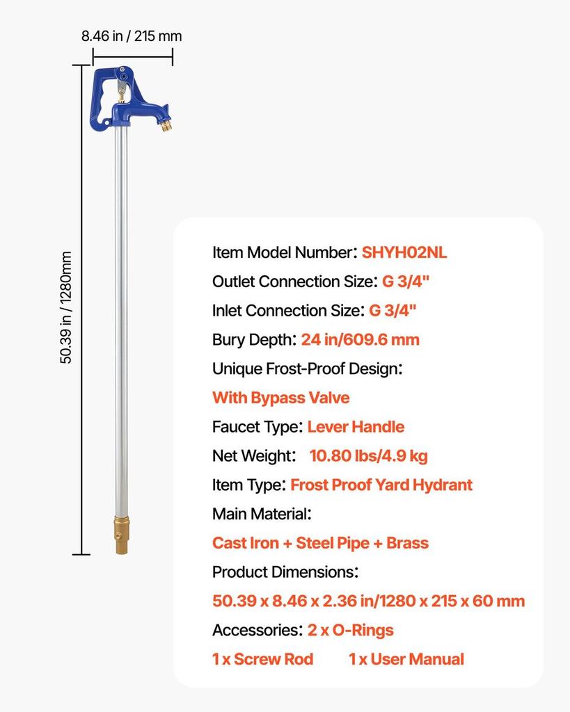 Frost Proof Yard Hydrant, 1280mm Freeze-Proof Outdoor Faucet with 609.6mm Bury Depth, G 3/4" Pipe Connection & Hose Coupling, No Lead Freezeless