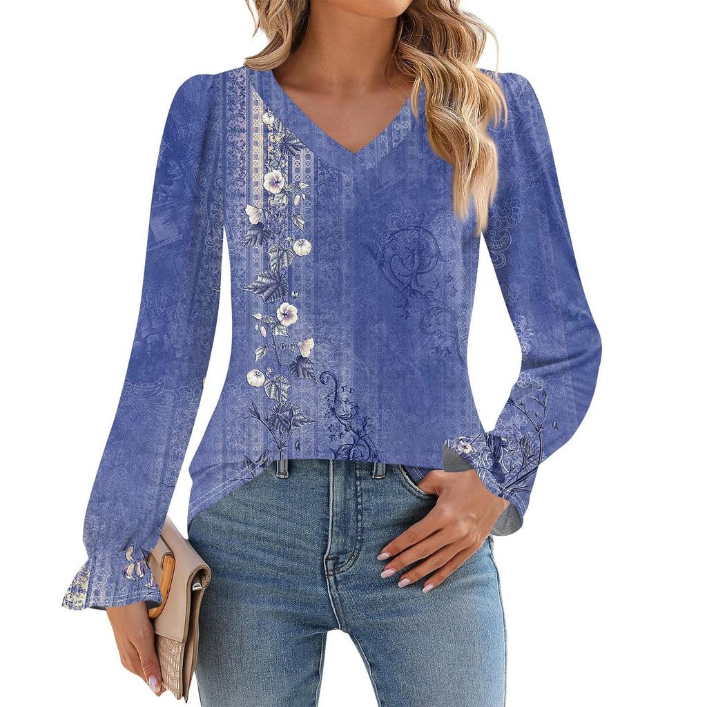 Women's Daily Casual Long-sleeved Striped Printed V-neck Top