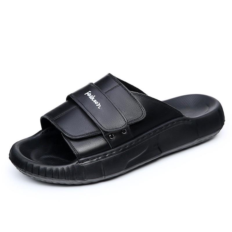 Mens Genuine Leather Slide Sandals Outdoor Slip-On Flat Shoes With Non-Slip Sole