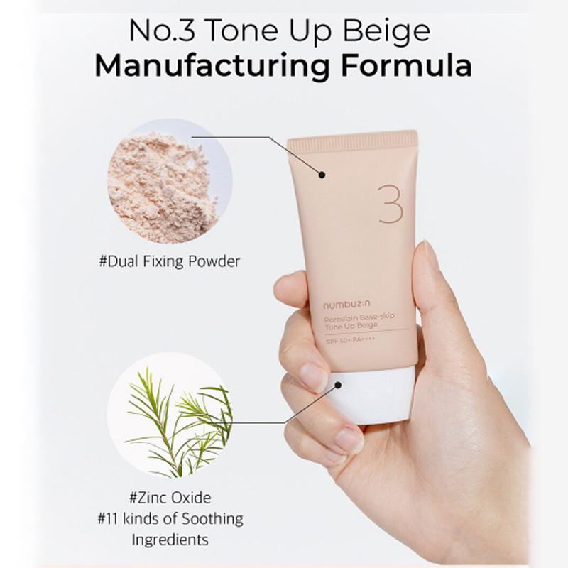 NUMBUZIN No. 3 Porcelain Base-skip Tone Up Beige BB+Foundation+Primer+Sunscreen 50mL SPF50+ PA++++ Best Selling In Oliveyoung Korea (2 Options)