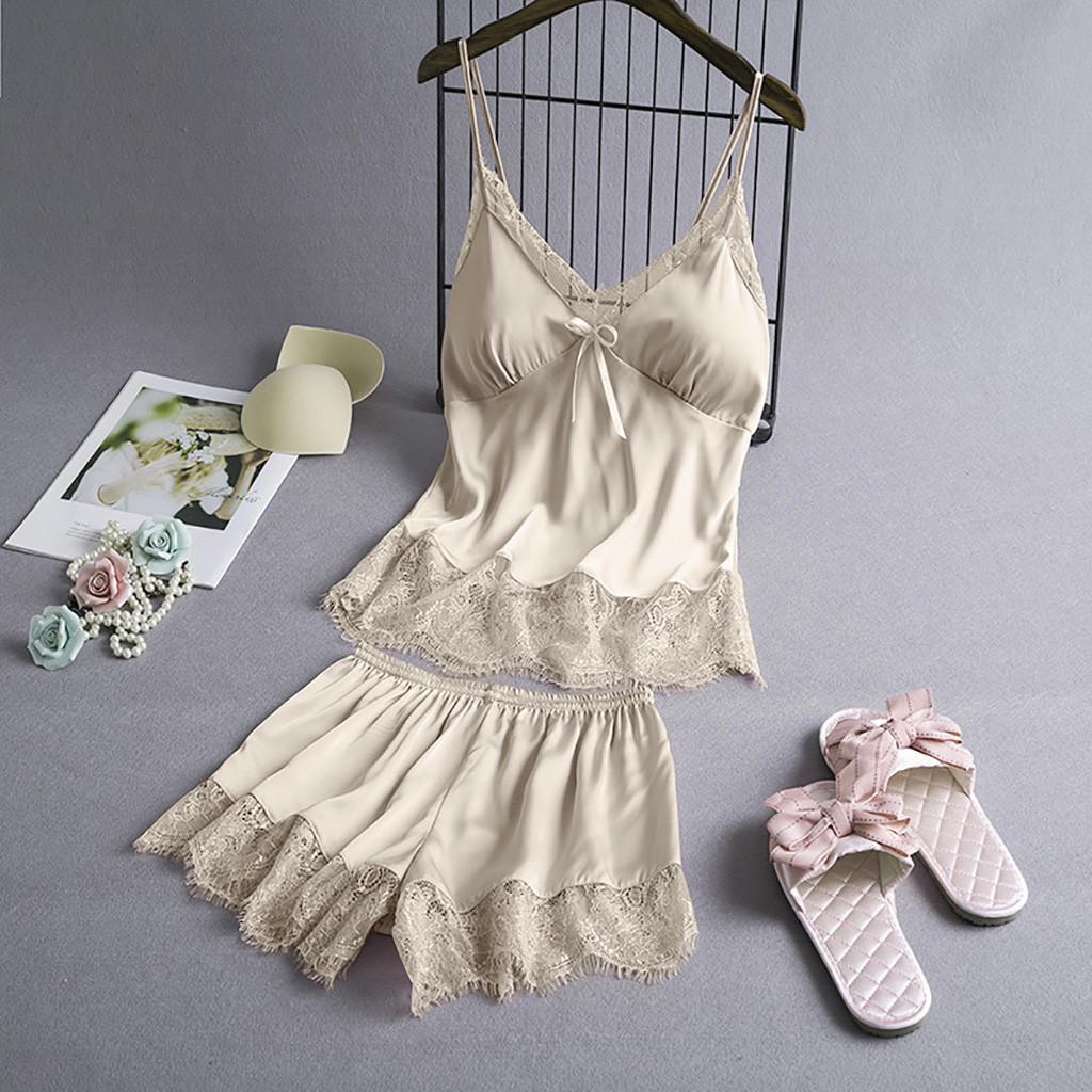 Women V-Neck Eyelash Silk Lace Sexy Stain Camisole Pajamas Bowknot Shorts Set