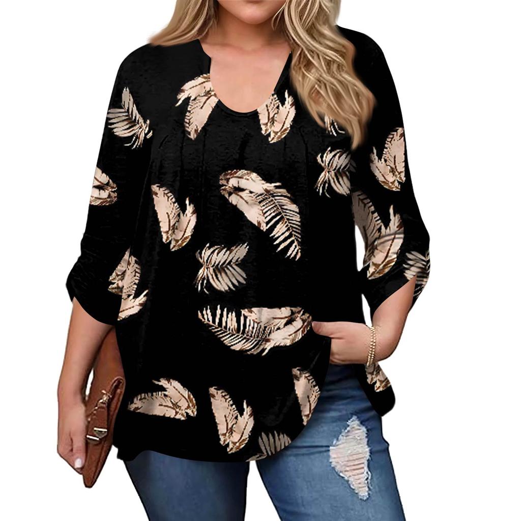 Women's Plus Size Fashion Printed Casual Pleated Round Neck Long Sleeve Top