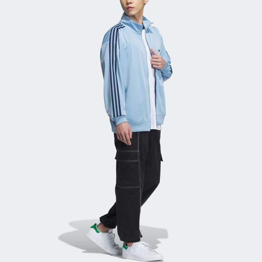 Adidas Originals Trefoil Stripe Logo Print Stand Collar Zip-Up Long Sleeve Jacket Unisex Outerwear Light-Blue IK9150