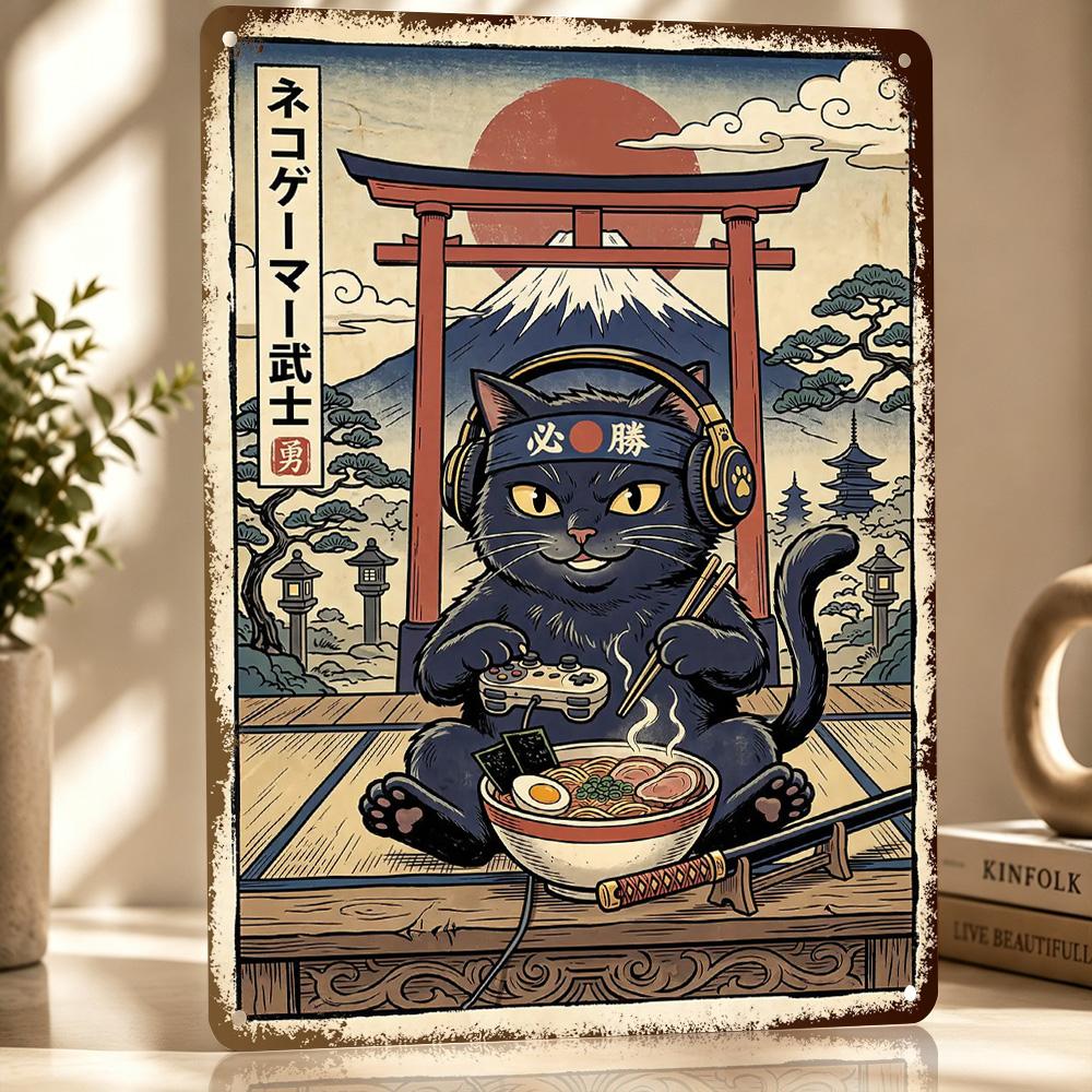 Gaming Samurai Cat Eating Ramen Metal Poster Perfect Gift for Fans Lovers Customized Wall Art Metal Sign for Vintage Decor Room