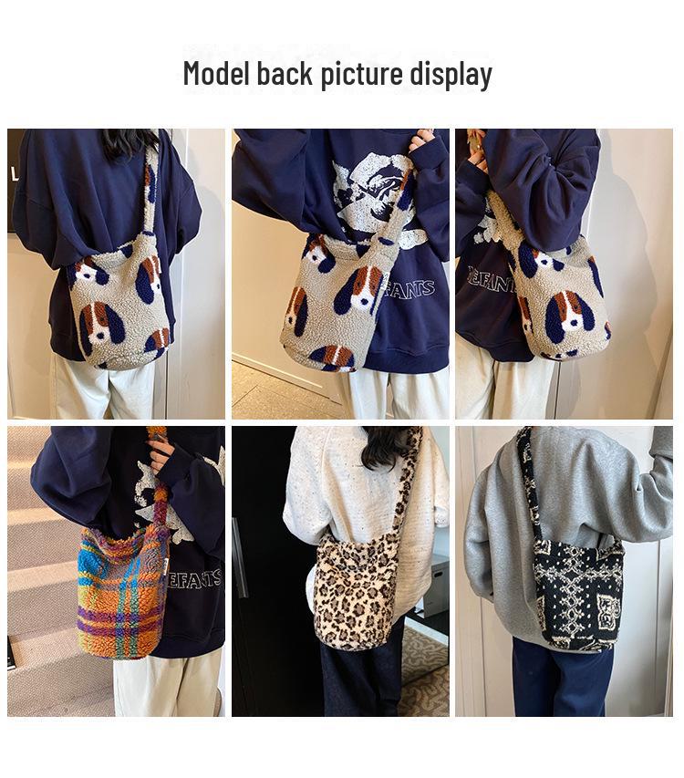 2025 Niche Designer Retro Leopard & Flower Cartoon Plush Messenger Bucket Bag
