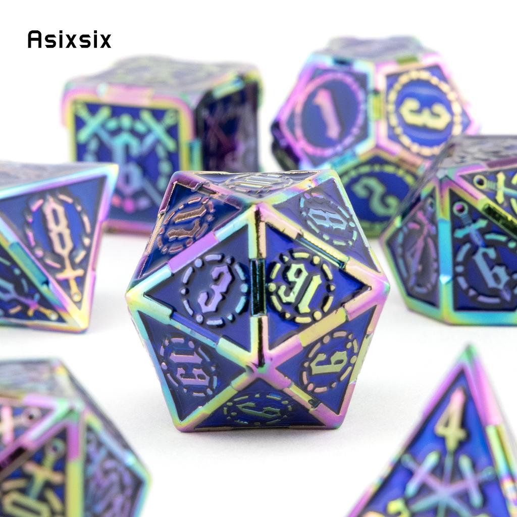 7 Pcs Blue Red Double Swords Metal Dice Solid Polyhedral Dice Set Suitable for Role-Playing RPG DND Pathfinder Board Game
