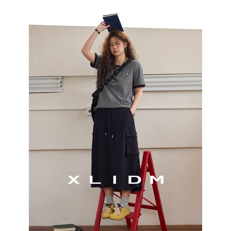 Xiaoli Plus Size Women's Stretch Pure Cotton Comfortable Contrast Color Pinstripe Slim Looking T-shirt Summer round Neck Shoulder Short Sleeve