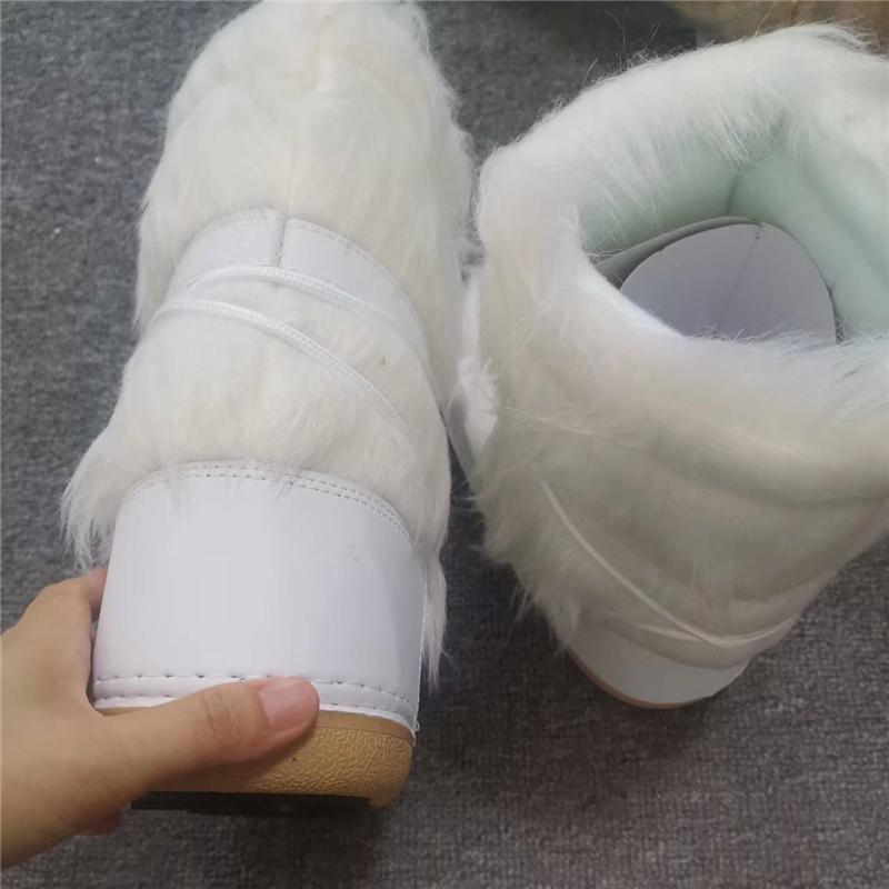 Winter Snow Boots Women Ski Boots Fluffy Hairy Lace Up Middle Calf Platform Flat With White Ski Boots