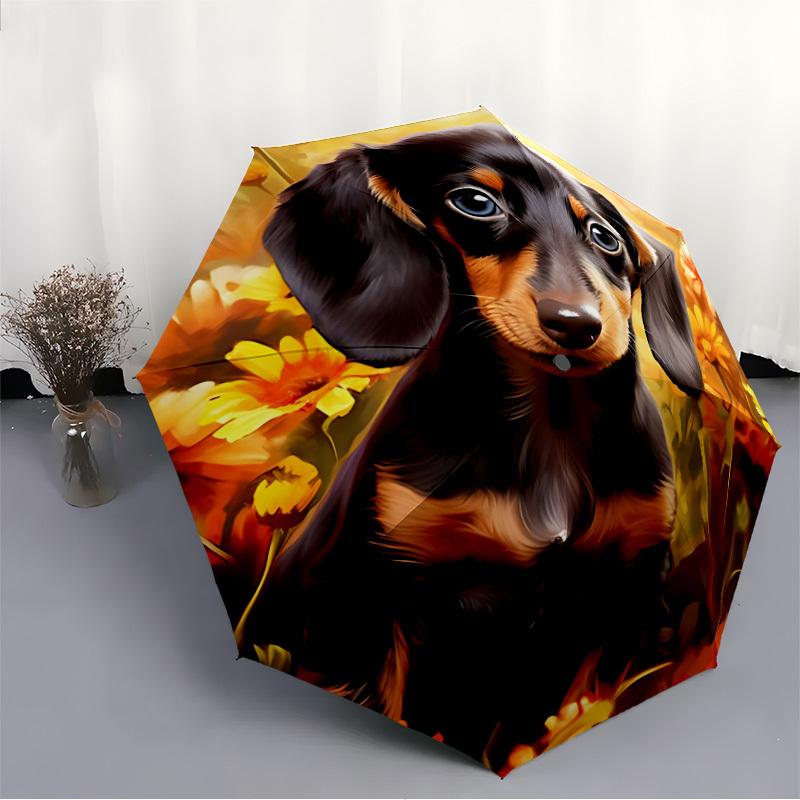 1pc Dachshund Flowers Automatic Folding Umbrella, Sturdy And Durable Automatic Folding Umbrella with 8 Ribs, Convenient for Outdoor Use085
