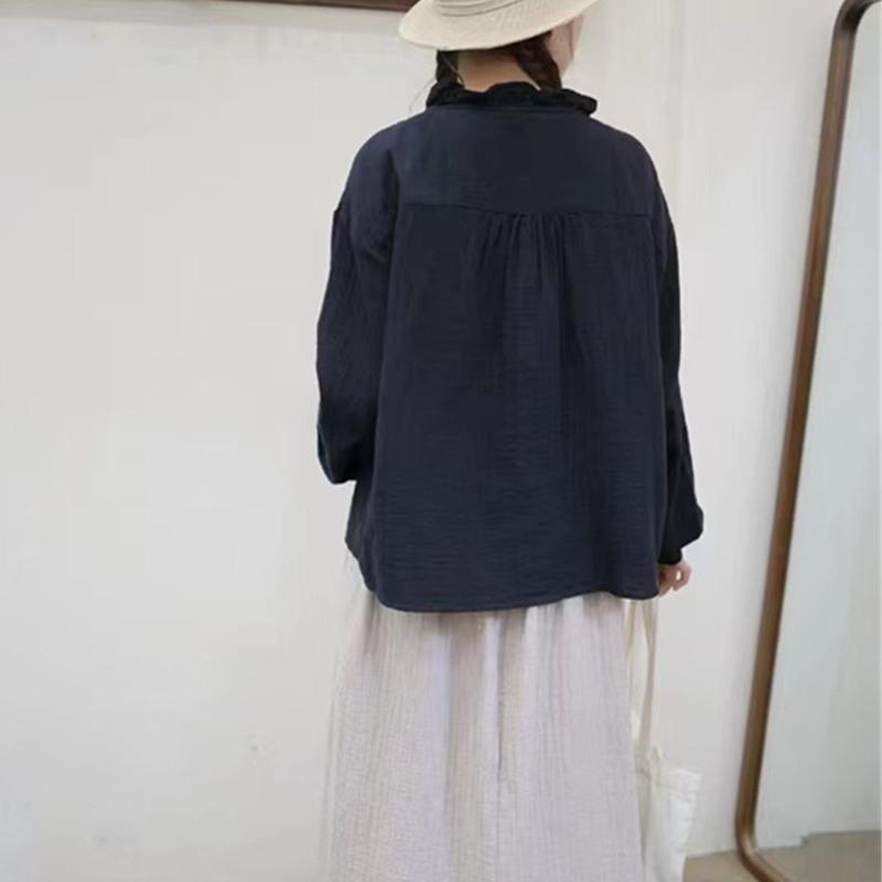 Johnature Винтажная рубашка женская весенняя V-образная горловина грибок кромка однобортный повседневный топ женский