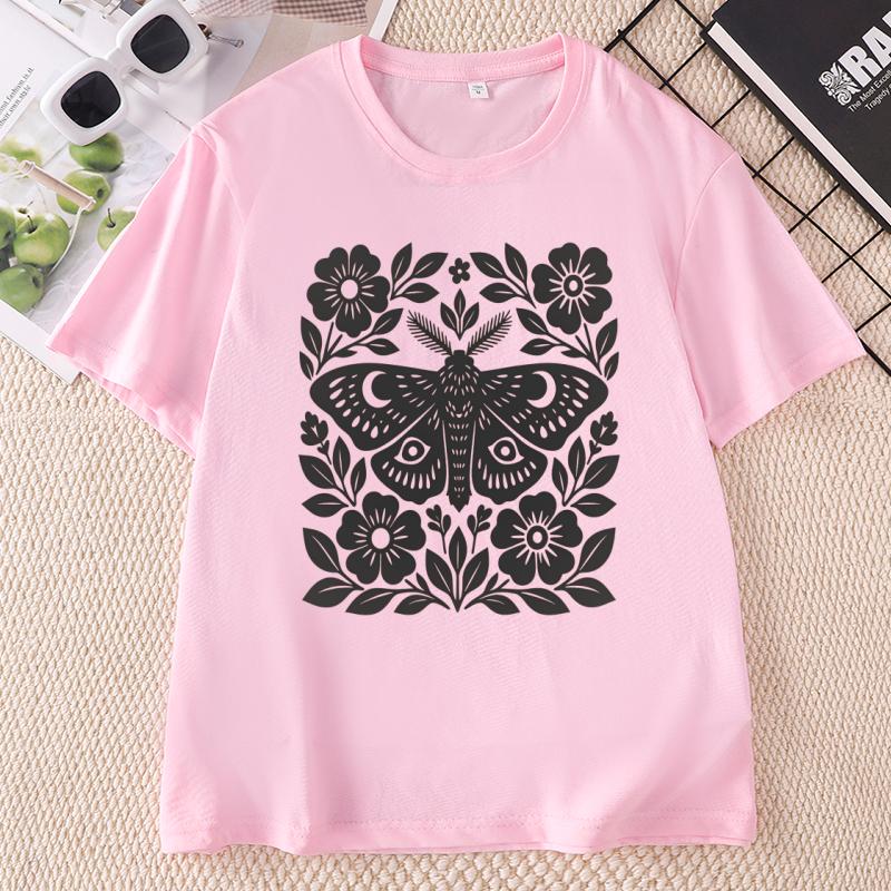 Boho Cottagecore T Shirts Moth Block Print Tshirt Unisex Short Sleeve Tshirt Casual Round Neck Tees Streetwear