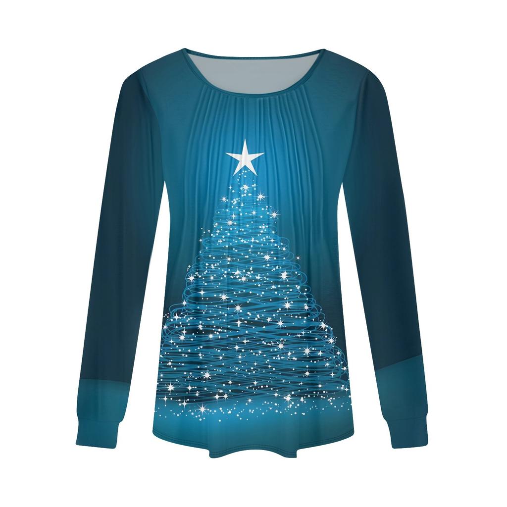 Рубашки с длинным рукавом для женщин, топы, нарядные повседневные блузки с рождественским принтом, плиссированные туники с круглым вырезом