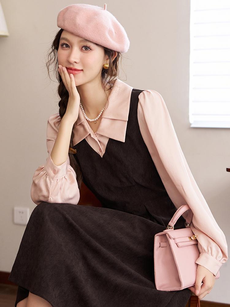 Mishow Женское французское лоскутное платье, осень 2023, элегантное платье с талией, длинными рукавами, лацканами и боковой молнией, искусственные платья из двух предметов MXC45L1585