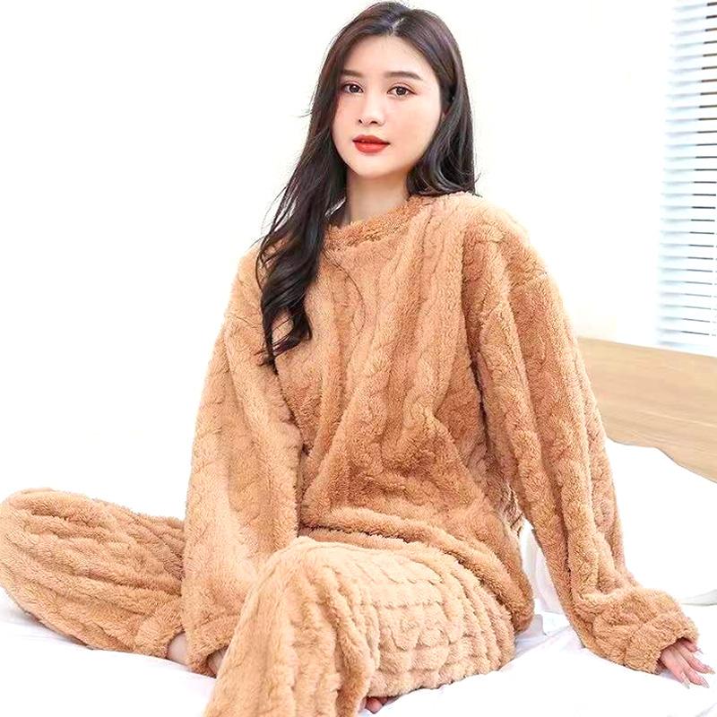 Женские терможаккардовые длинные брюки, однотонные пижамные комплекты из кораллового флиса, пуловер, повседневная одежда для сна