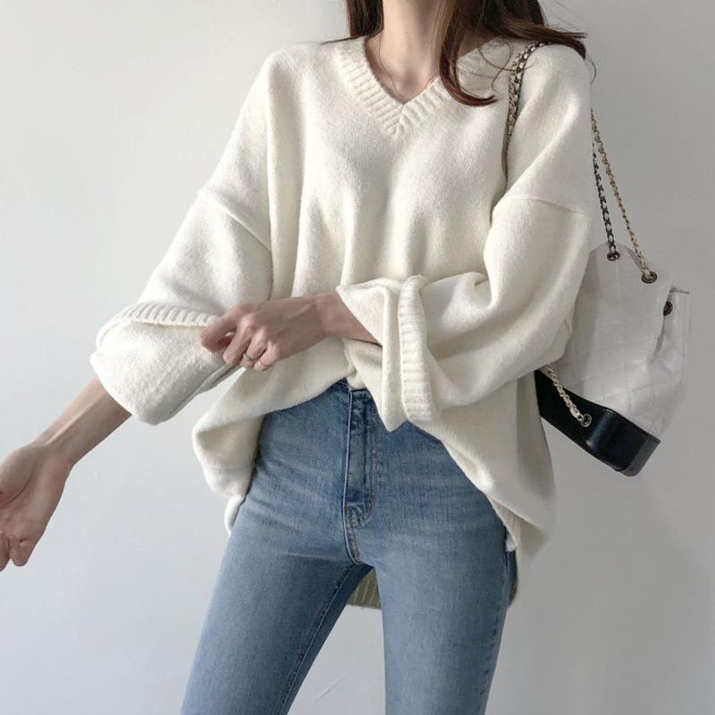 Korean Lazy Style V-Neck Loose Knit Sweater - Black, White Base Layer for Women, 2026 Autumn/Winter Trend