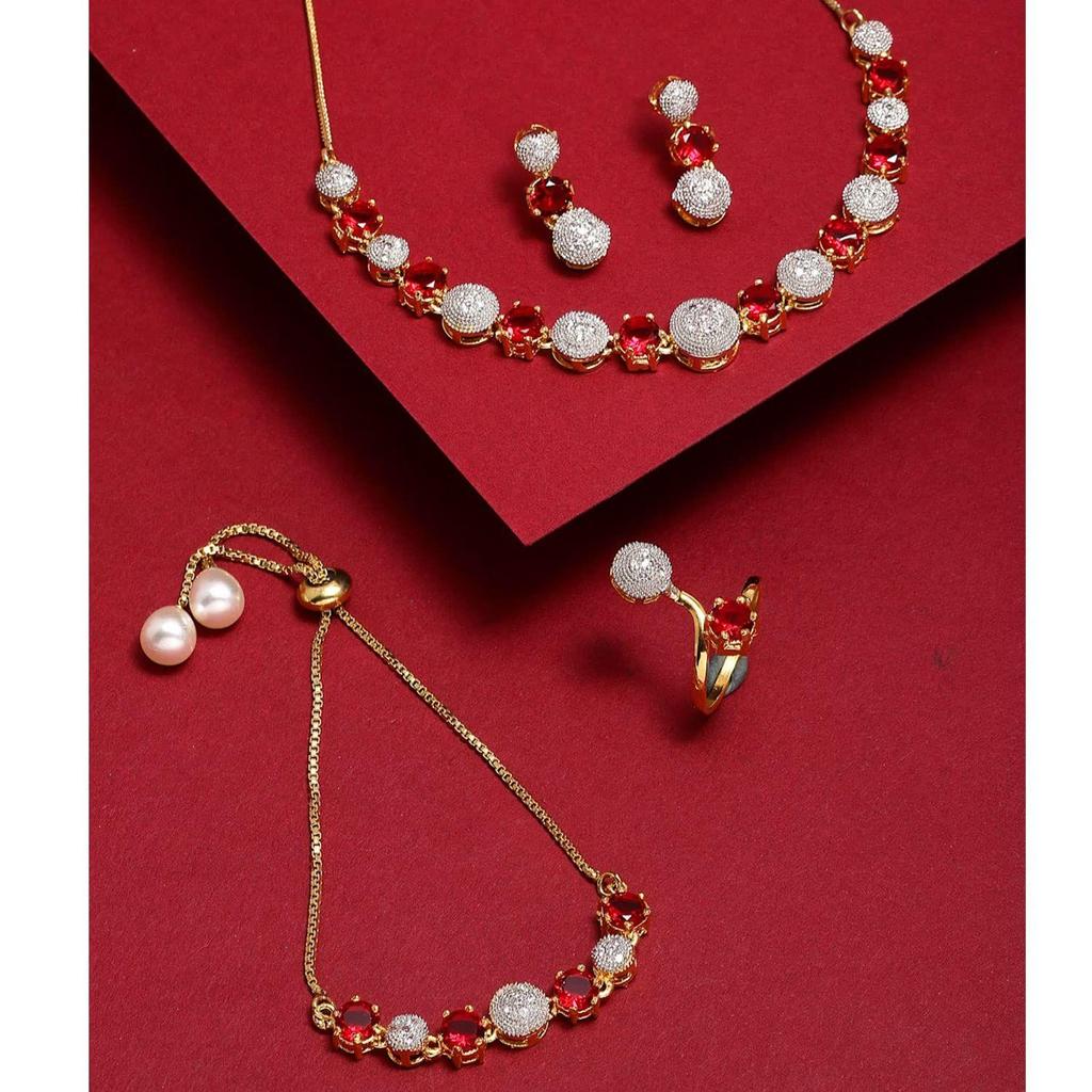 ZENEME позолоченный комплект ожерелья с красными и белыми американскими бриллиантами для женщин и девочек