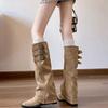 Pointed Inner Heightening Trouser Boots Women's Belt Buckle White Wedge Heel Knight Boots 2025 Winter But Knee Boots
