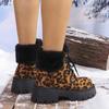 Shoes for Women 2024 Fashion Lace Up Women Ankle Boots Winter Round Toe Sexy Leopard Print Short Barrel Chunky Heel Cotton Boots