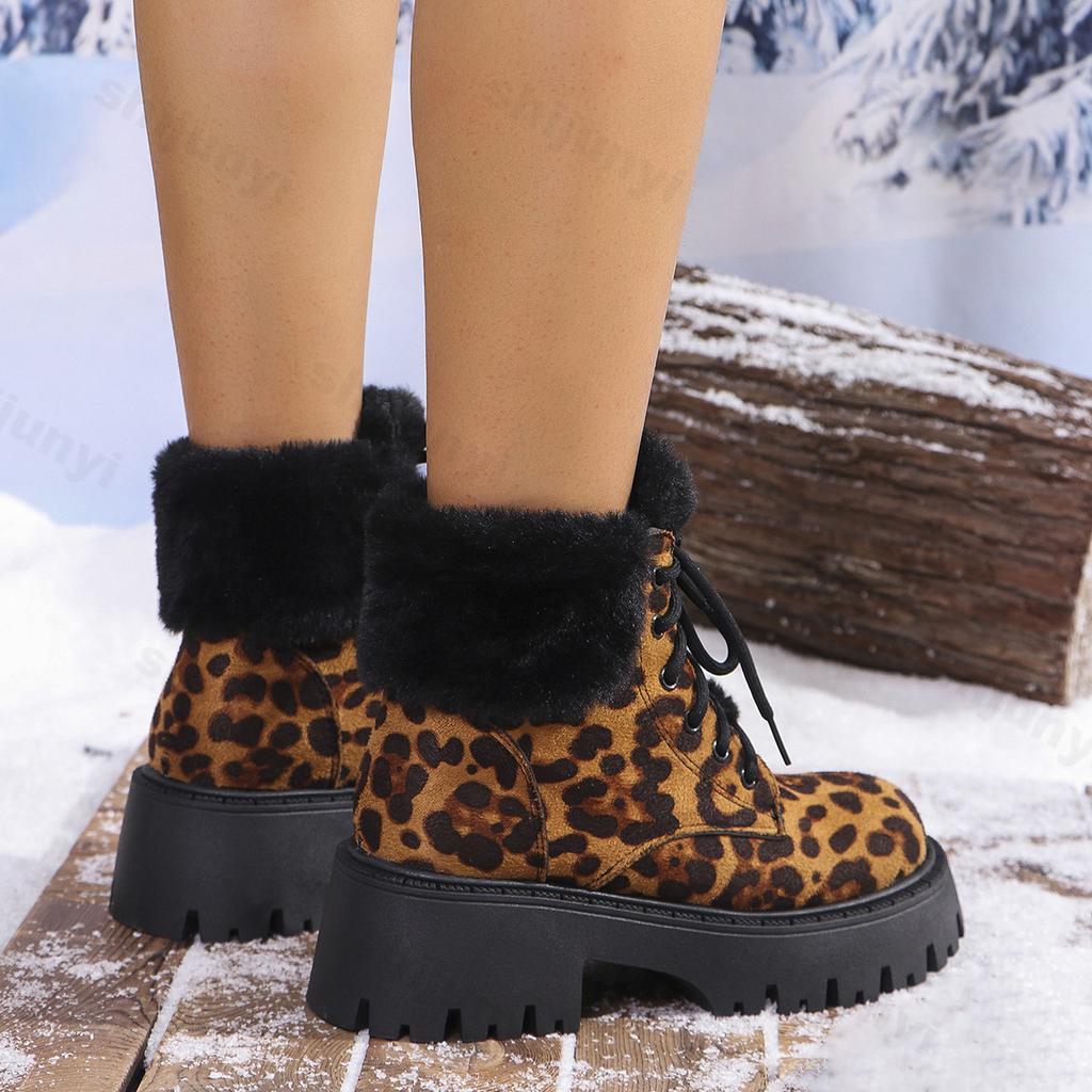 Shoes for Women 2024 Fashion Lace Up Women Ankle Boots Winter Round Toe Sexy Leopard Print Short Barrel Chunky Heel Cotton Boots