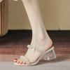 2025 Summer New Versatile Crystal Thick Heel High Heel Sandals Transparent Slippers Women's Rhinestone Pearl Outer One-word Drag