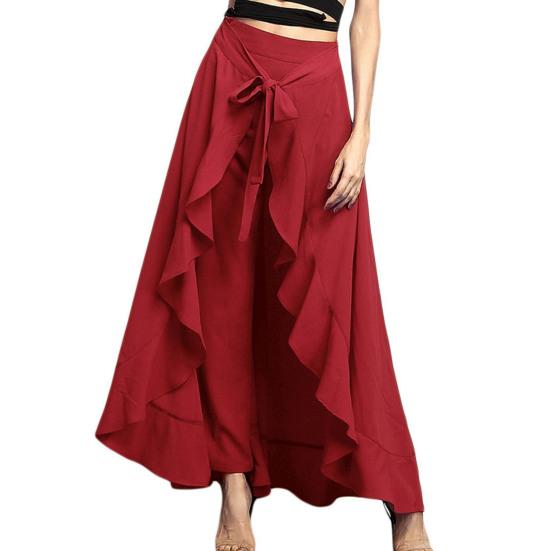 Женские брюки-юбка с высокой талией и оборками в стиле пэчворк, нерегулярный подол, разделенный подол, шнуровка до щиколотки, танцевальная вечеринка, сплошной цвет, свободный подол, макси-юбка