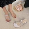 Fashion Cool Slippers Thick Heel Toe Slippers Fairy Rhinestone Cover Toe Slippers Female Summer Wear 2025 Autumn New