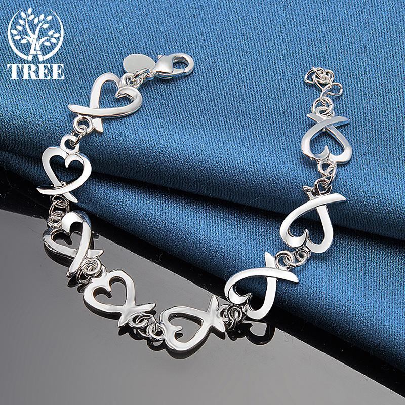 925 Sterling Silver Full Love Heart Chain Bracelet Jewelry