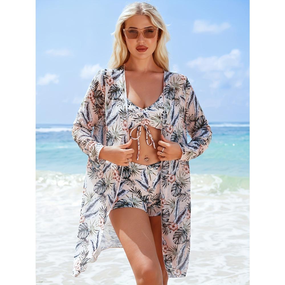 Женский трехсекционный комплект бикини с шортами-бойфрендами, модный купальник с бантом и пляжным парео