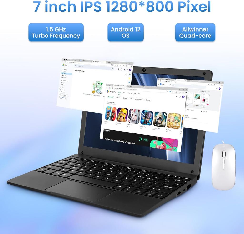 10.1Inch Laptop Quad-Core Processor with Android 12 2GB RAM 64GB ROM Built-in Camera WiFi USB Interface Tpye-C Charging for Learning and Entertainment