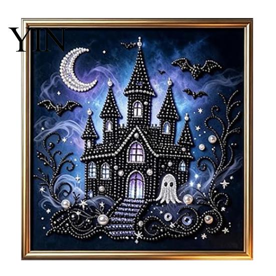 Gothic Style Wall Decor Faux Pearl Art Kit, 3D Dark Evil Pumpkin Painting Creative Holiday Presents for Craft Lovers Spooky Castle Halloween
