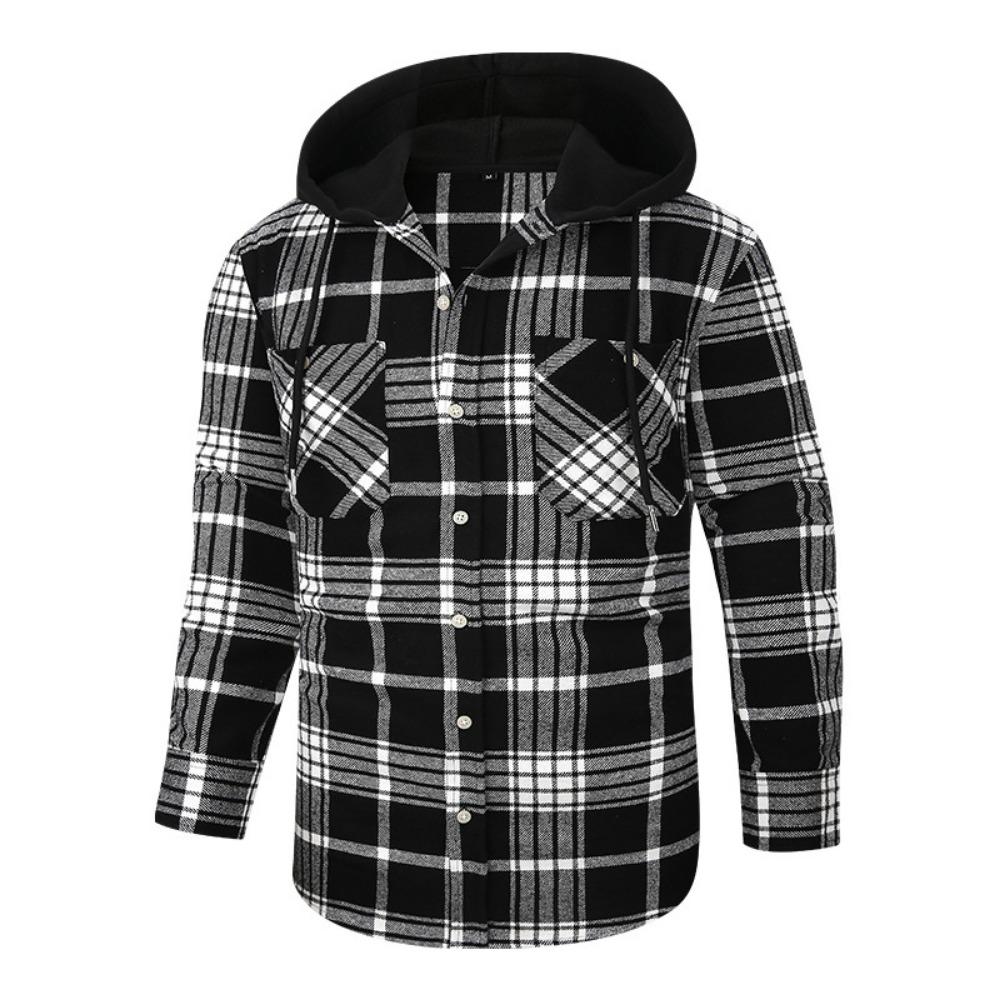 New Hooded Men's Plaid Shirts Long Sleeved Casual Flannel Loose Coat Fashion Street Style Men's Sports Shirt Jacket Male Clothes