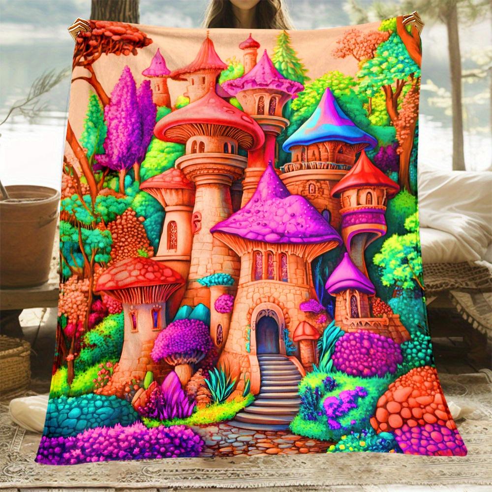 1pc Fantasy mushroom castle colorful fairy tale forest magical landscape soft flannel blanket throw blanket kids room decor