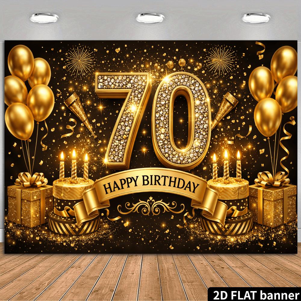 2D flat background banner for 70th birthday party decorated with golden "70" and "Happy Birthday"zyc