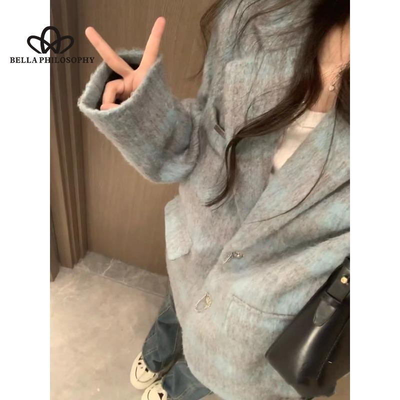 Autumn Winter New Vintage Plaid Woolen Coat Korean Style Casual Design Advanced Sense Loose Suit Woolen Coat
