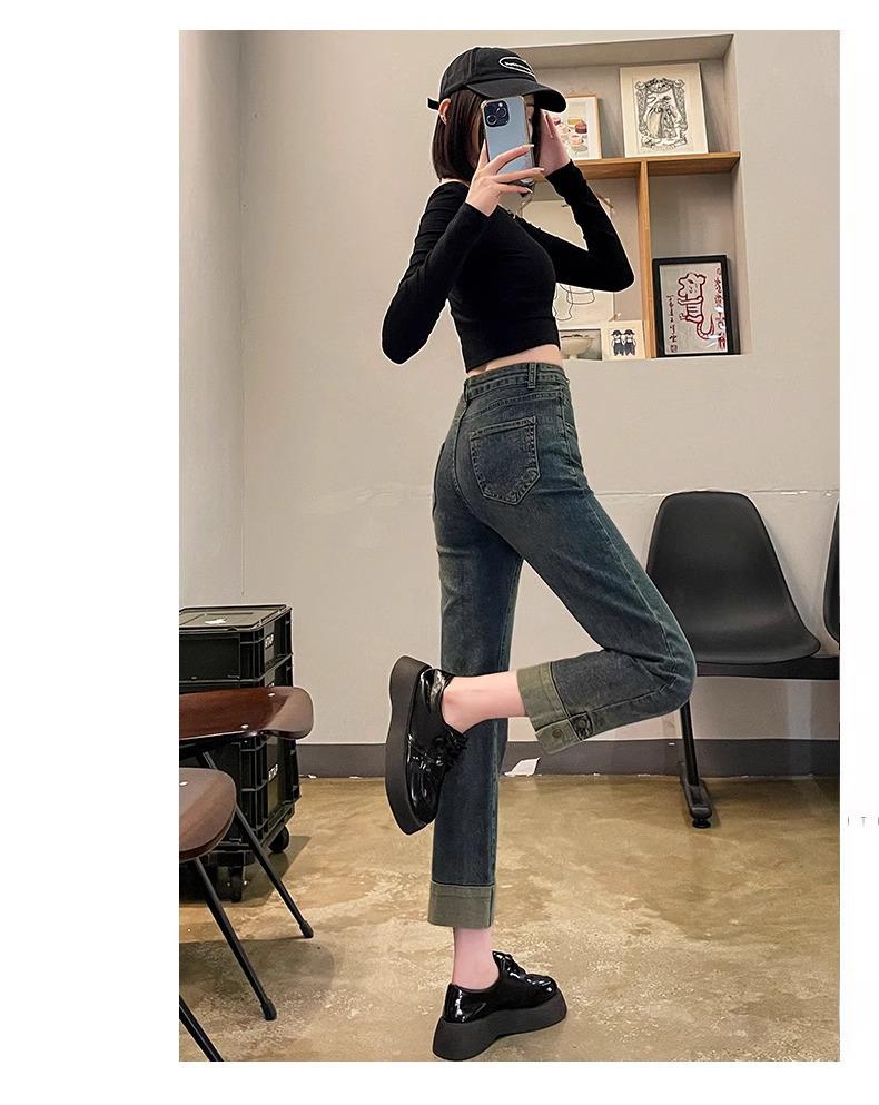 Женские джинсы-сигареты прямого кроя с высокой посадкой на флисовой подкладке: Мода Осень/Зима, Маленькая Длина Девять Девятых.