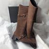 Мода Винтаж Женские Западные Сапоги до Колена Мода Зима Пряжка Ремня Туфли для Стриптиза Вечеринки Zapatos De Mujes