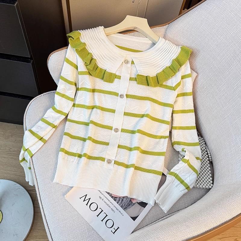 Sweet and Contrasting Color Striped Doll Neck Long-sleeved Knitted Sweater for Women's Autumn, Stylish, Loose and Youthful Pullover Top