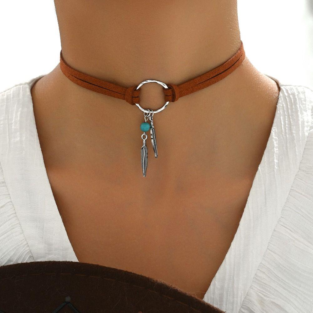 Ethnic Style Turquoise Stone Necklace Woven Rope Bohemian Necklace Trendy Leaf Tassel Choker  Gift