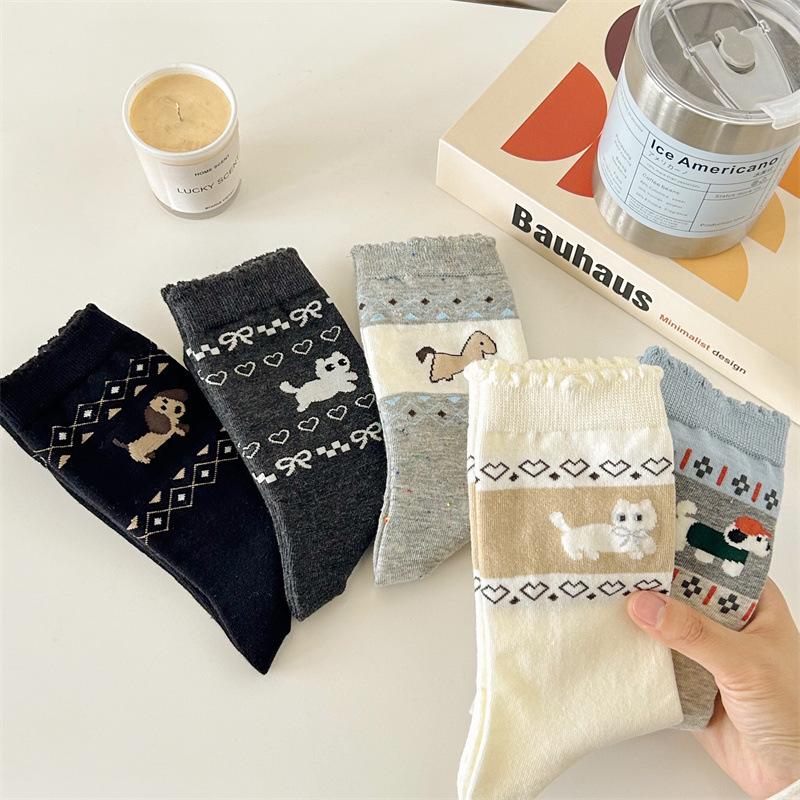 Puppy Boneless Socks Medium Tube Socks Cartoon Dog Cute Medium Tube Female Black