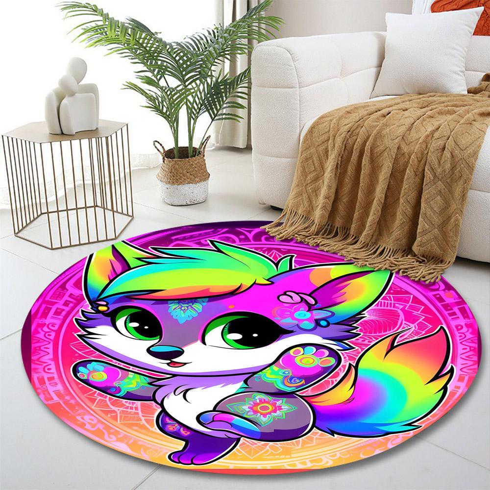 Colorful Fox with Floral Patterns Print round rug, living room, bedroom, playroom carpet, non slip floor mat, gift