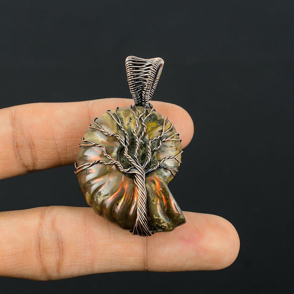 Древо Жизни Аммонит Ископаемый Драгоценный Камень Медная Проволока Обертывание Кулон Ручной Работы Ювелирные Изделия Свадебный Подарок