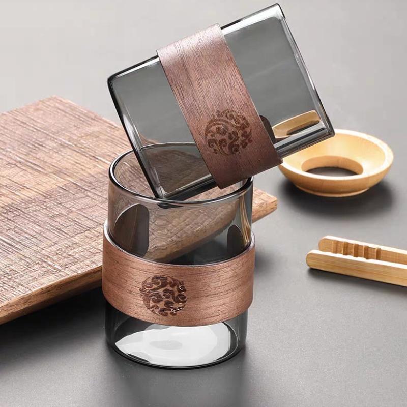 Thickened Glass Tea Cup with Wooden Ring Heat-resistant and Heat-resistant Water Cup Master Cup Household Glass Cup Coffee Cup