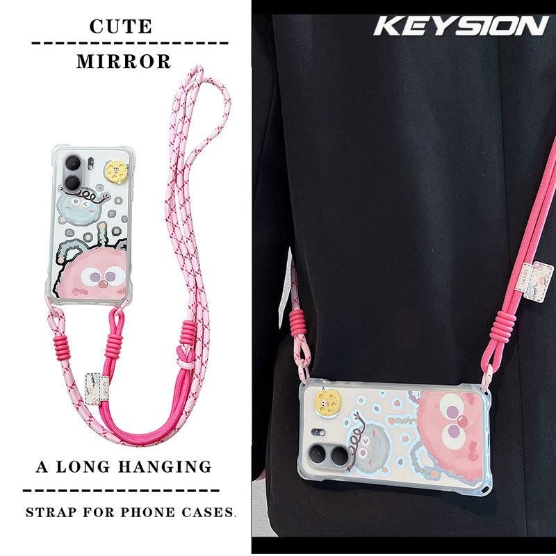 KEYSION Crossbody Strap Phone Case for OPPO A5X 5G Cute Cartoon Long Lanyard Mirror Shockproof Cover for OPPO A5X