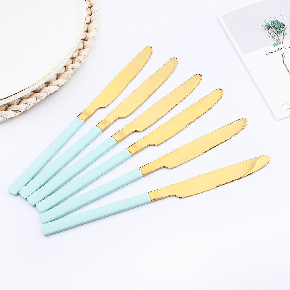 24 Pieces Sets Kitchen Tableware Cutlery Set Mint Green Gold Stainless Steel Dinnerware Set Food Flatware Mirror Silverware Set