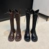 Кожа из коровьей шкуры~ Женские кожаные ботинки 2025 Новые осенне-зимние шнурованные облегающие ботинки на толстой подошве, ботинки-рыцари, длинные ботинки, высокие ботинки