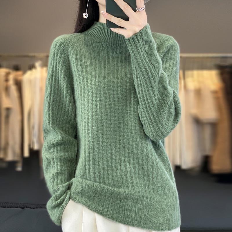 Women's Loose Jacquard Knit Half-High Collar Wool Sweater - Autumn/Winter Base Layer Pullover